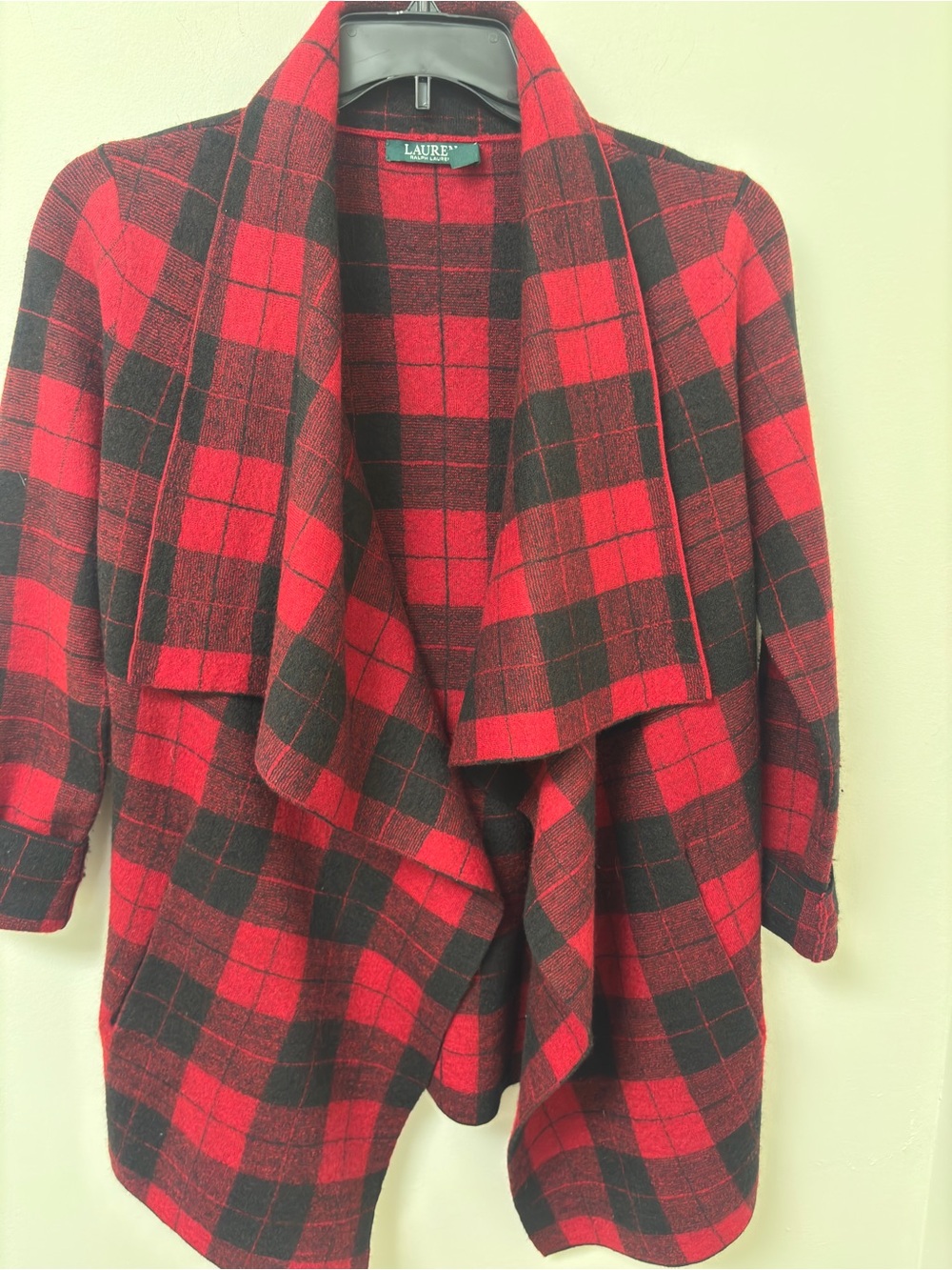 Ralph Lauren Red and Black Plaid Draped Open-Front Cardigan